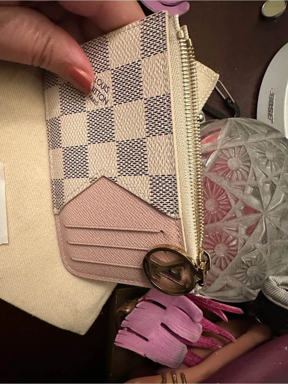 Louis Vuitton Pink and Damier Azur Card Slot Zip Pouch